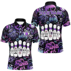 Maxcorners Custom Purple graffiti pattern Funny Bowling Polo, Quarter Zip Shirts For Men, Team Bowling Jersey LM2011