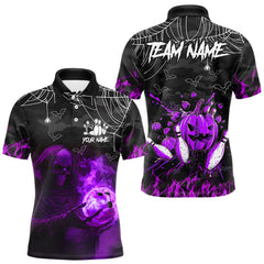 Maxcorners Black Bowling Camo Purple flame Skull Custom Halloween Bowling Shirts For Men, Bowling Team Jersey LM1809