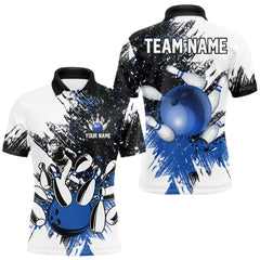 Maxcorners Black and White Men Bowling Polo, Quarter Zip Shirt Custom bowling jersey, mens bowling outfit | Blue LM2512