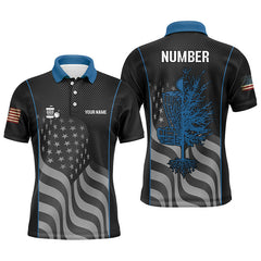 Maxcorners Blue black American flag Mens disc golf polo shirt custom name, number patriotic disc golf jerseys MT0510