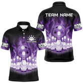 Maxcorners Black And Purple Flame Bowling Ball Pins Custom Bowling Shirts For Men, Bowling Team Shirt