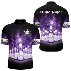 Maxcorners Black And Purple Flame Bowling Ball Pins Custom Bowling Shirts For Men, Bowling Team Shirt