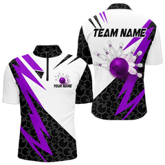 Maxcorners Black and White Bowling Polo, Quarter Zip Shirt for Men Custom Lightning Team bowling jersey | Purple LM1625