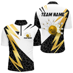 Maxcorners Black and White Bowling Polo, Quarter Zip Shirt for Men Custom Lightning Team bowling jersey | Gold LM1625