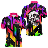 Maxcorners Colorful Black Skull Bowling Polo, 1/4 Zip Shirts Custom Team Bowling Jersey, Gift For Bowlers