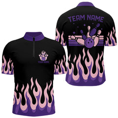 Maxcorners Black And Purple Flame Retro Bowling Polo, Quarter Zip Shirt For Men Custom Bowling Team Jerseys