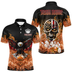 Maxcorners Orange Flame Smoke American Flag Eagle Skull Mens Bowling Shirts Custom Patriotic Bowling Team Jersey LM2408