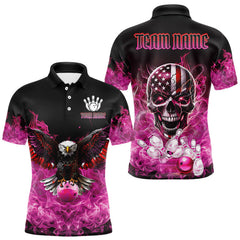 Maxcorners Pink Flame Smoke American Flag Eagle Skull Mens Bowling Shirts Custom Patriotic Bowling Team Jersey LM2408