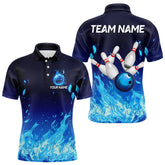 Maxcorners Blue Flame Fire Bowling Polo, Quarter Zip Shirts for Men Custom Bowling Team jerseys, Bowling Outfits