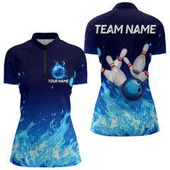 Maxcorners Blue Flame Fire Bowling Polo, Quarter Zip Shirts for Women Custom Bowling Team jerseys, Bowling Outfit