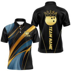 Maxcorners Blue and Gold Bowling ball Polo, Quarter Zip Shirts for Men Custom Bowling Outfit Team bowlers jersey