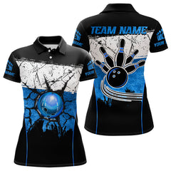 Maxcorners Black, White and Blue Retro broken Bowling ball Polo, 1/4 Zip Shirt For Men Custom Bowling Team Shirts LM263