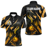Maxcorners Black and Gold Dragon Bowling Polo, Quarter Zip Shirts for Men Custom Bowling Outfit Team jersey LM1625