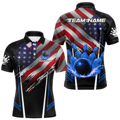 Maxcorners Personalized American Flag Bowling Team Shirts For Men, Black and Blue Patriotic Bowling Gifts