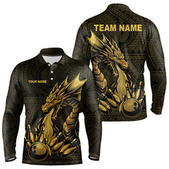 Maxcorners Custom Tribal pattern Gold Dragon Bowling Polo, Quarter Zip Shirt For Men, Bowling Team League Jersey LM2707