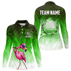 Maxcorners Funny Flamingo Green camo flame golf ball Mens Golf Polo Shirts Custom Flamingo Golf attire for men