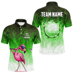 Maxcorners Funny Flamingo Green camo flame golf ball Mens Golf Polo Shirts Custom Flamingo Golf attire for men