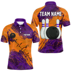 Maxcorners Orange & Purple Grunge Camo Heartbeat Bowling Polo, 1/4 Zip Shirt For Men Custom Bowling Team JerseyMT0306