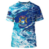 Maxcorners Blue sea wave ocean camo Michigan flag patriot shirt Custom sun protection fishing long sleeve shirts MT2108