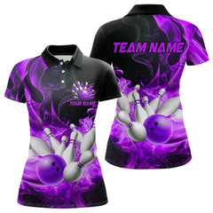 Maxcorners Black And Purple Flame Custom Bowling Shirts For Men, Flame Bowling League Shirts Outfits