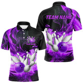 Maxcorners Black And Purple Flame Custom Bowling Shirts For Men, Flame Bowling League Shirts Outfits