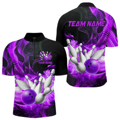 Maxcorners Black And Purple Flame Custom Bowling Shirts For Men, Flame Bowling League Shirts Outfits
