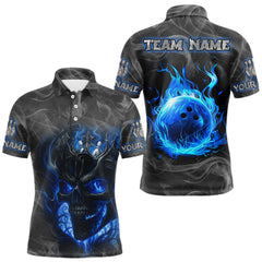 Maxcorners Grey Smoke Blue Flame Skull Bowling Polo, Quarter Zip Shirts For Men Custom Team Bowling Jerseys