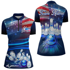 Maxcorners Blue Light American Flag Mens And Women Bowling Polo, Quarter Zip Shirt Custom Patriotic Team Bowling Jersey