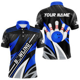 Maxcorners Black And Blue Bowling Polo, Quarter Zip Shirt For Men And Women Custom Team Bowling Jerseys, Gift For Bowlers