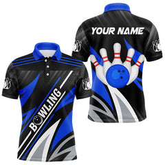 Maxcorners Black And Blue Bowling Polo, Quarter Zip Shirt For Men And Women Custom Team Bowling Jerseys, Gift For Bowlers