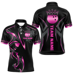 Maxcorners Black and Pink crown Bowling ball Polo, Quarter Zip Shirts for Men Custom Bowling Team jerseys TU1206