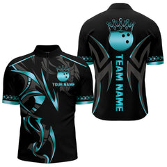 Maxcorners Black and Cyan Blue crown Bowling ball Polo, Quarter Zip Shirts for Men Custom Bowling Team jerseys LM1506