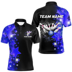 Maxcorners Men bowling Polo, Quarter Zip shirts Custom Blue Stars Bowling Team Bowlers Jersey LM0409