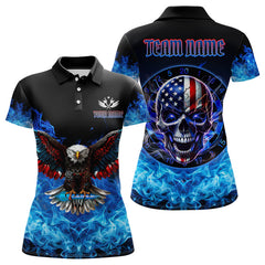 Maxcorners Blue Flame Smoke American Flag Eagle Skull Darts Polo, 1/4 Zip Shirts For Men Custom Darts Team Jersey