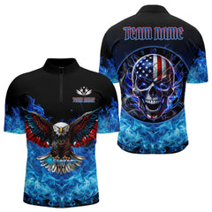Maxcorners Blue Flame Smoke American Flag Eagle Skull Darts Polo, 1/4 Zip Shirts For Men Custom Darts Team Jersey