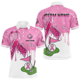 Maxcorners Pink ribbon glitter Golf Polo Shirts For Men Custom team golf jerseys, breast cancer golf shirts