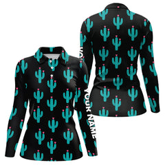 Maxcorners Personalized black and green cactus flower pattern mens golf polo shirts custom cactus golf shirts