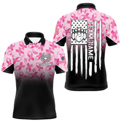 Maxcorners Pink ribbon pattern Men bowling shirt Custom American flag patriotic breast cancer bowling team shirt MT0708