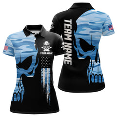 Maxcorners Blue Camo Skull American Flag Mens Bowling Shirts Custom Patriotic Bowling Team Jerseys For Men And Women