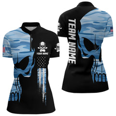 Maxcorners Blue Camo Skull American Flag Mens Bowling Shirts Custom Patriotic Bowling Team Jerseys For Men And Women