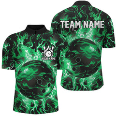 MaxCorners Bowling And Pins Green Camo Customized Name, Team Name 3D Stand Collar Zipper Polo Shirt For Men