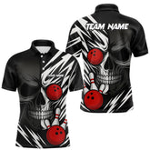 Maxcorners Black and White Skull Bowling Polo, Quarter Zip shirts for Men Custom Skull Team Bowling Jerseys LM1307