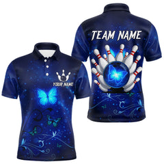 Maxcorners Blue galaxy Butterfly Bowling Polo, Quarter Zip shirts For men Custom Butterfly Team bowling jersey