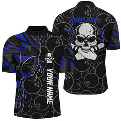 MaxCorners Bowling Ball And Pins Blue Camo Black Customized Name, Team Name 3D Stand Collar Zipper Polo Shirt