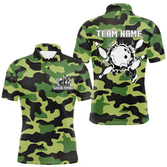 Maxcorners Bowling Polo, Quarter Zip shirts For Men Custom bowling ball and pins Green camo Bowling Team Jersey LM1610