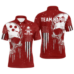 Maxcorners Personalized Red And White Grunge American Flag Skull Bowling Team Shirts, Patriotic Bowling Jerseys