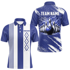 Maxcorners Blue and White Argyle Flame bowling Men Polo, 1/4 Quarter Zip Shirts Custom bowling team jerseys