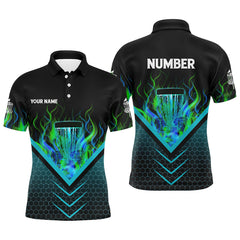 Maxcorners Black and green fire Mens Disc golf polo shirts custom flame disc golf basket jerseys, disc golf shirt MT0510