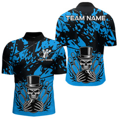 Maxcorners Black and Blue Camo Skull Bowling Polo, Quarter Zip Shirt for Men Custom Skull Team bowling jersey LM1625