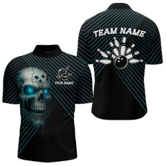 Maxcorners Black and Blue Skull Bowling Polo, Quarter Zip Shirts For Men Custom Bowling Team Jerseys Outfits LM3006